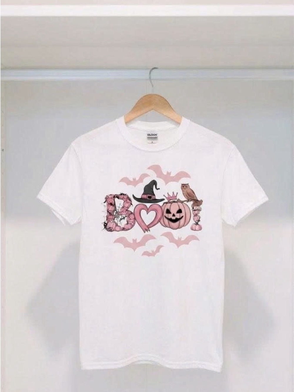 Cute Pink Halloween BOO Graphic Tee Pastel Spooky Pumpkin White T-Shirt